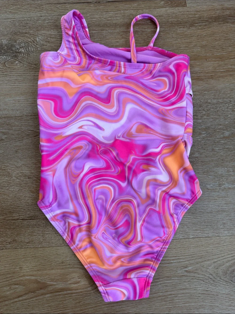 Girls Pink & Orange Marble One-Shoulder Swimsuit with Cutouts
